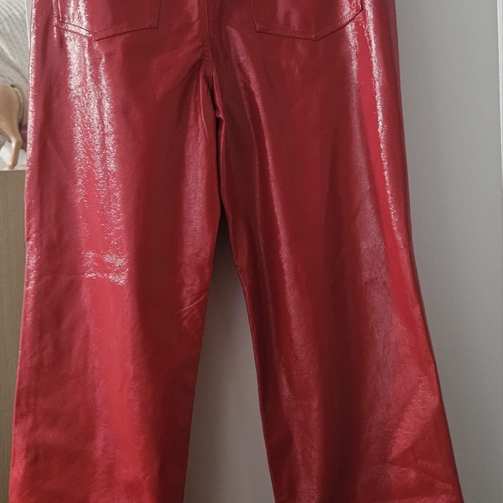 Ladies Faux Leather Long Pants Glossy Red Trousers
